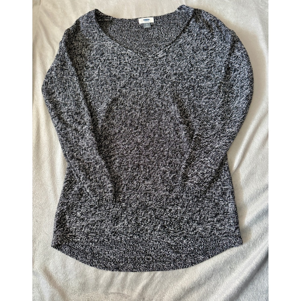 Old Navy V-Neck Sweater Womens XS Black White Marled Cotton Pullover